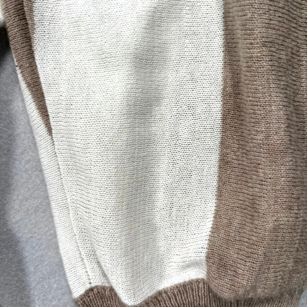 Forever‎ 21 Striped Cardigan Large Tan White Open Front Neutral Coastal Minimal